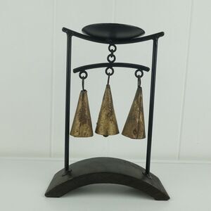 Vintage Pillar Candle Holder Metal Bells on Wood and Metal Stand